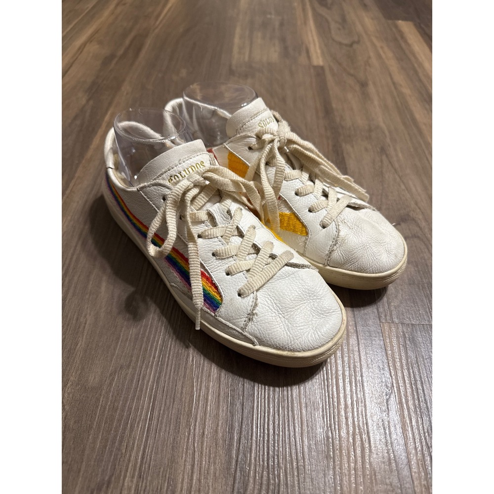 Soludos Ibiza Classic Sneaker- Women's 9 White Leather Rainbow Wave‎